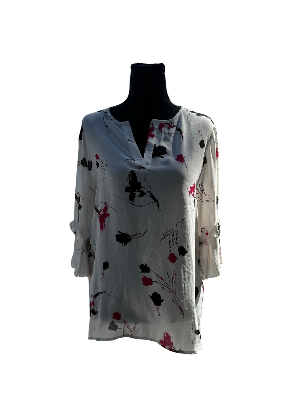 Ivanka Trump White Floral Notch-Neck Blouse with Pink & Black Print